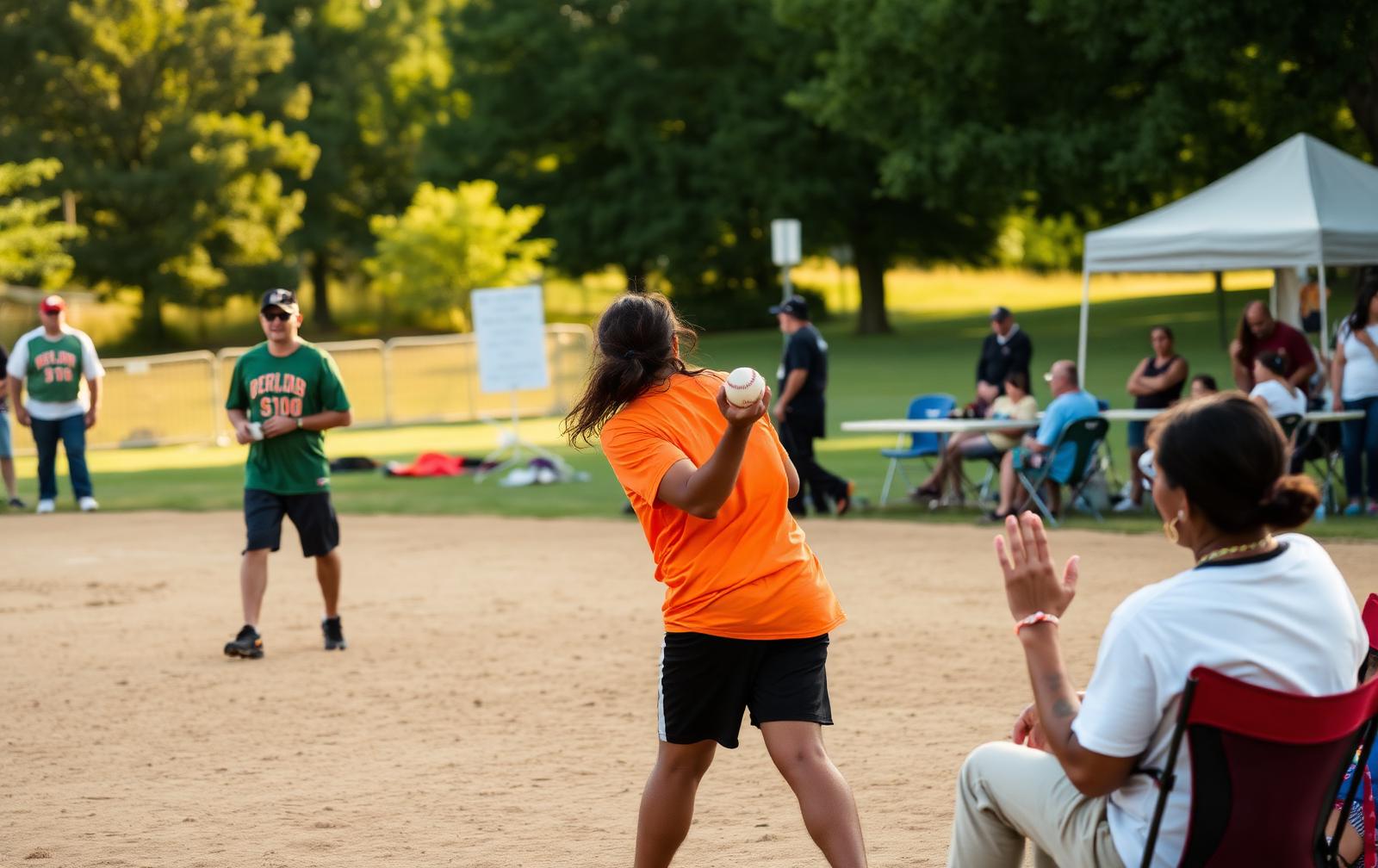 Neighbors playing in a community softball tournament with families and vendor tents alongside the field